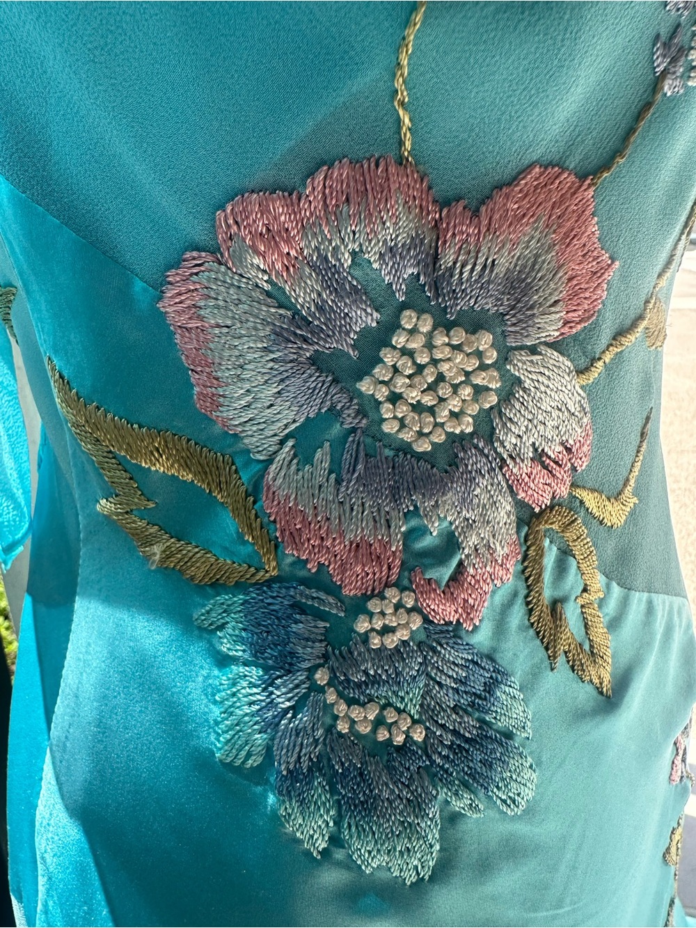 Sue Wong Silk Turquoise Y2K Ruched Floral Embroidered Asymmetrical Dress- Size 8 - Picture 10 of 14